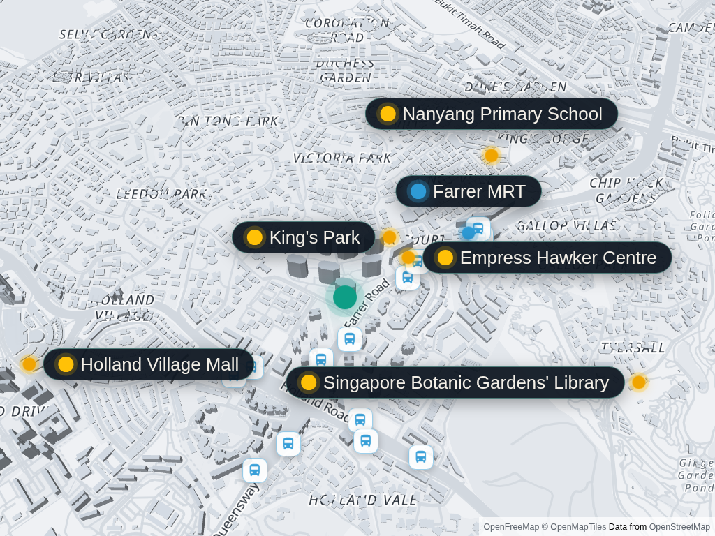 Map of d'Leedon and nearby amenities